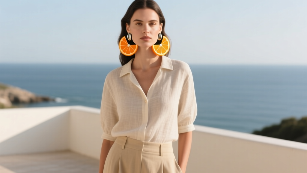 Woman wearing geometric orange slice huggie hoops, showing how the citrus motif complements a minimalist neutral summer outfit.