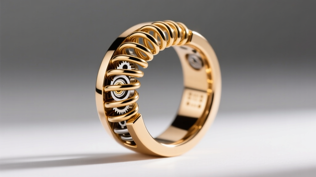 Macro photography of the internal spring mechanism of a disassembled Bvlgari B Zero1 ring, highlighting the tubogas coil design