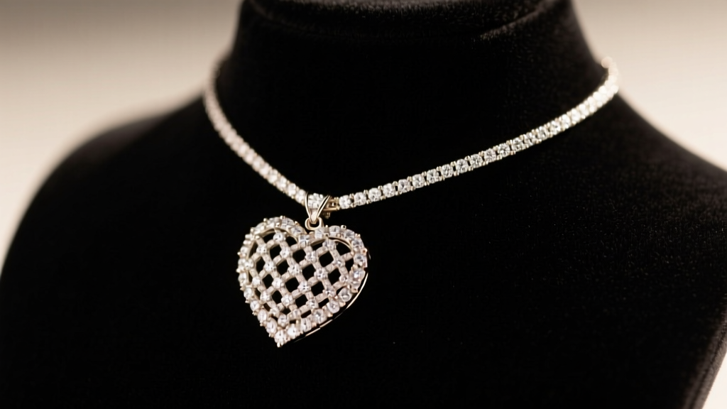 Close-up of an 18k white gold diamond heart choker on a black velvet display bust, illuminated by soft, warm studio lighting.