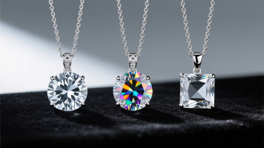 Macro shot comparing a natural diamond, moissanite, and cubic zirconia pendant under a jeweler's loupe with bright LED lighting.