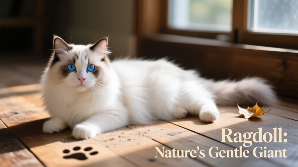 cute ragdoll cat lying on a wood floor looking at the camera