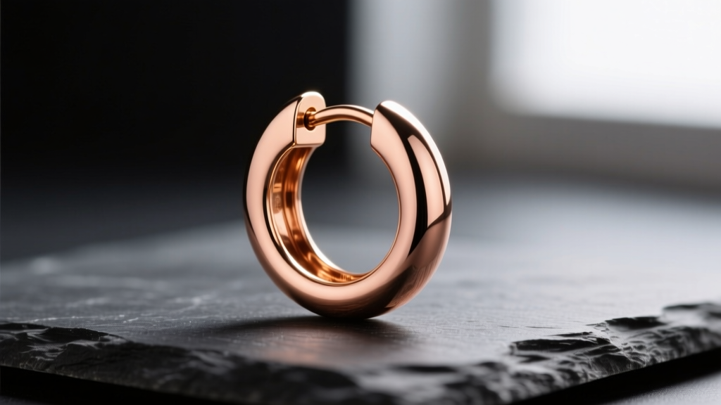 Side profile of a thick 18k rose gold huggie earring on dark slate, emphasizing the rich copper tones and seamless hinge mechanism