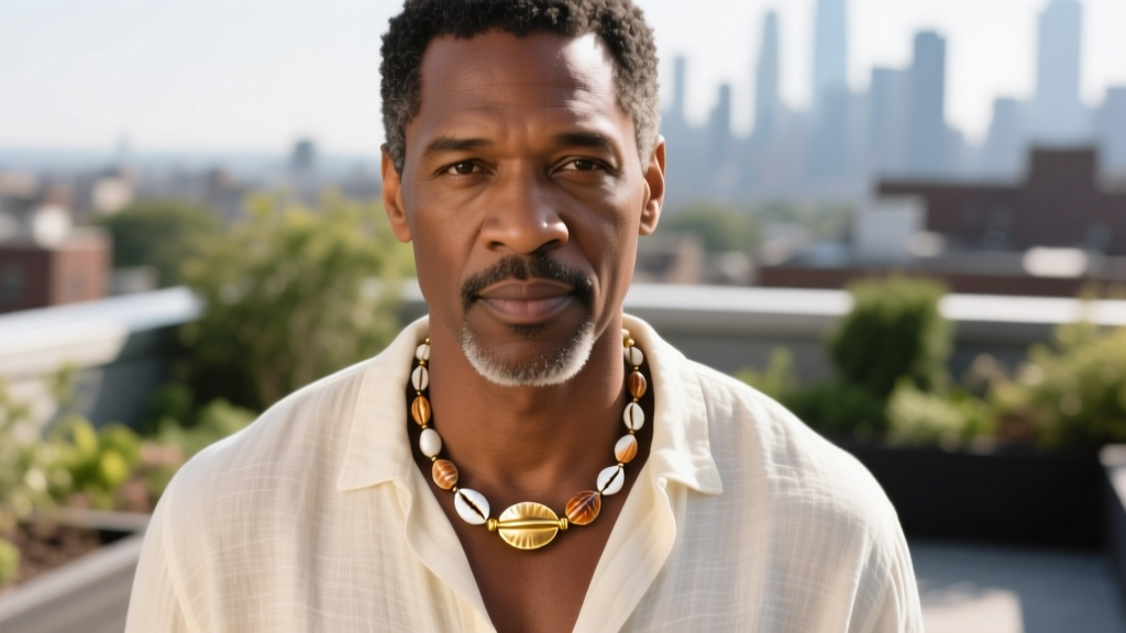 Close-up of a man wearing a genuine puka shell necklace with a gold clasp over an unbuttoned cream linen shirt.