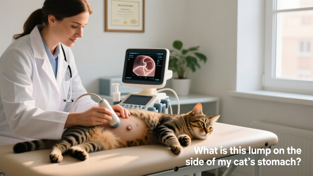 Veterinarian using ultrasound equipment to examine a cat's abdomen