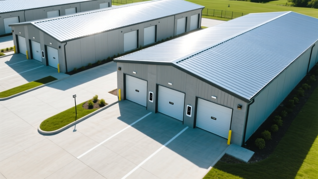 Aerial view of a newly constructed single-story self storage facility with metal roofing, concrete drive aisles, and modern keypad entry gates