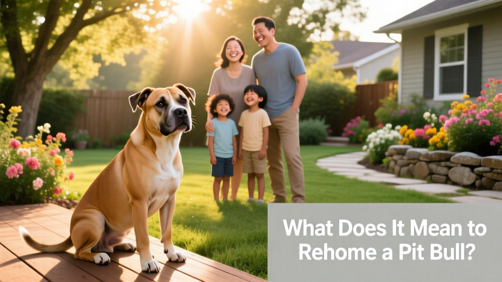 A calm, friendly Pit Bull sitting beside a smiling family in a sunlit backyard