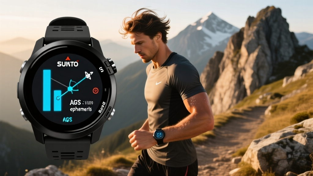 Athlete checking the GPS satellite connection and AGPS ephemeris screen on a Suunto Race S watch while standing on a rocky mountain trail