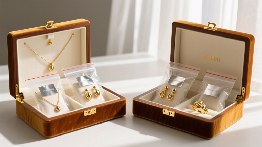 Gold tone jewelry pieces individually sealed in anti-tarnish ziplock bags, stored neatly inside a velvet-lined wooden jewelry box.