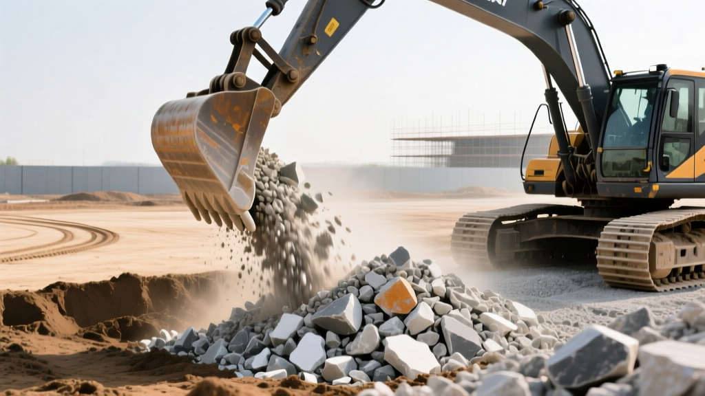 Excavator spreading angular crushed limestone gravel over compacted soil to prepare a stable subbase for a concrete slab pour