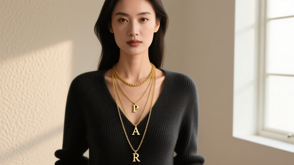 Woman wearing three layered gold chains of varying lengths with letter pendants, styled with a deep V-neck dark wool sweater.