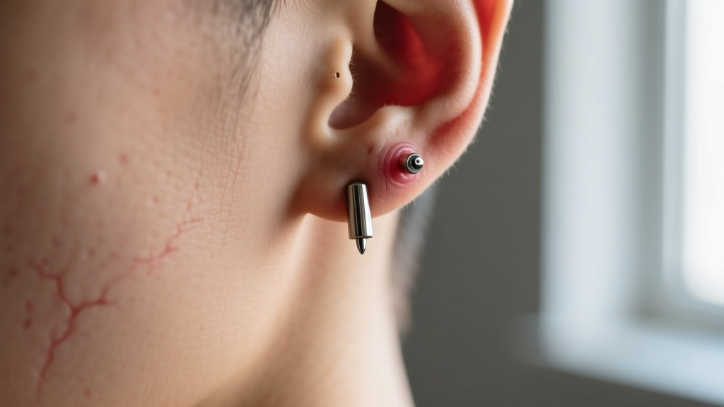 Macro shot of a healing 16-gauge titanium cartilage piercing next to a slightly swollen preauricular lymph node on a human neck.