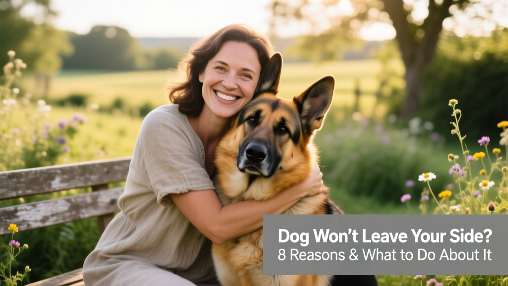 smiling woman hugging her german shepherd dog