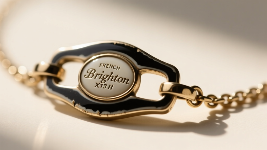 Macro shot of a vintage Brighton necklace clasp showing the hallmark stamp and slight wear on the French lacquer coating