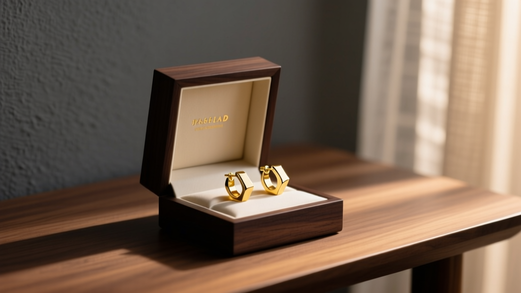 Open dark oak gift box on a desk revealing 14k yellow gold minimalist huggie earrings for men, illuminated by soft moody lighting