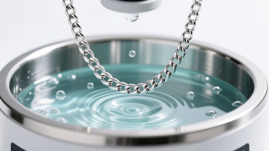 A digital ultrasonic jewelry cleaner vibrating with water, showing a suspended platinum curb chain inside a stainless steel tank.