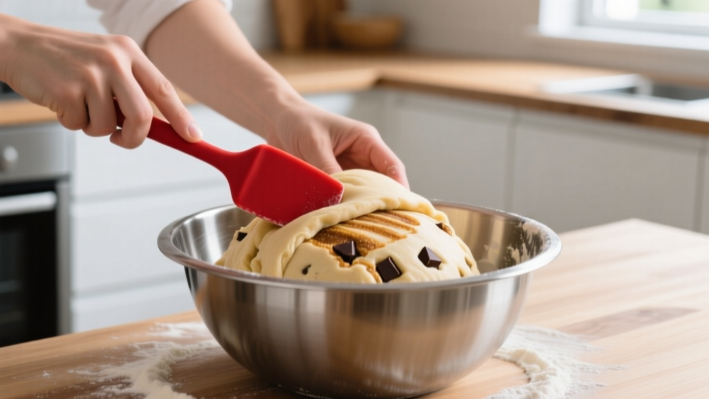 Home baker using seamless red silicone spatula to fold thick cookie dough in stainless steel mixing bowl without scratching the metal edges