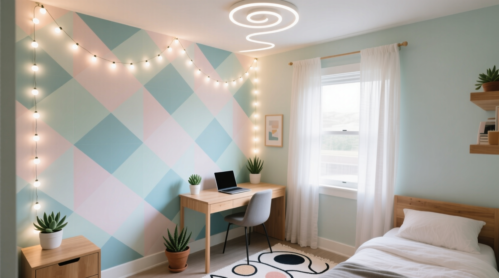 how to decorate a dorm room with removable wallpaper and led string lights