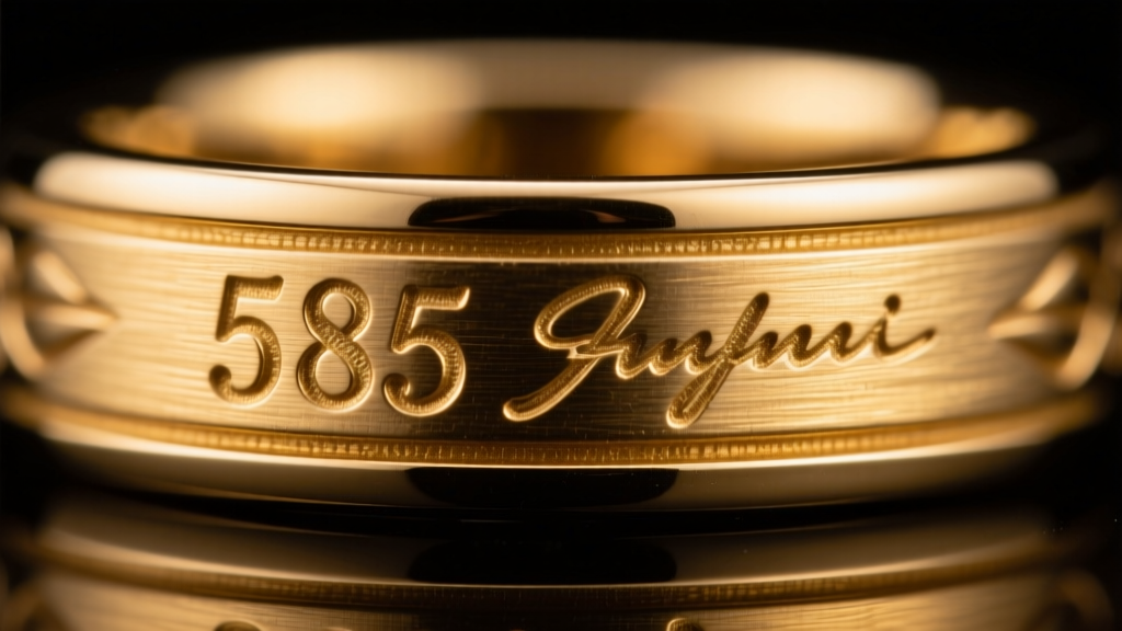 Macro shot of a 14k gold ring shank showing deeply stamped 585 and maker hallmarks under bright LED jeweler lamp lighting