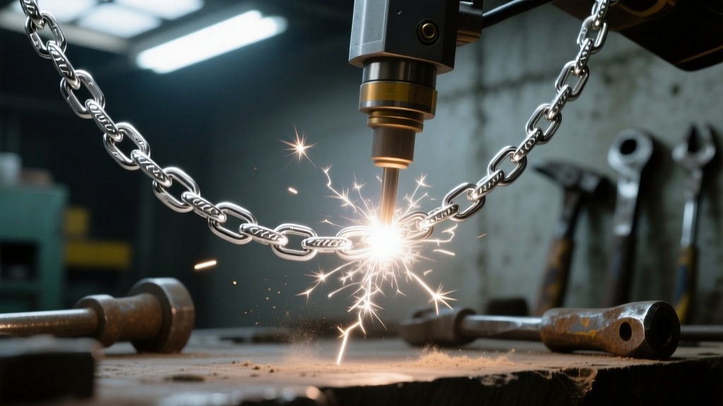 Macro shot of a laser welder pulse hitting a delicate platinum figaro chain, emitting a tiny bright spark in a dimly lit workshop.