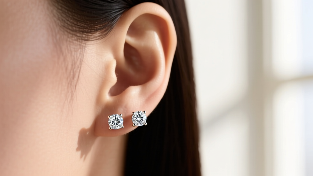 Close-up of an earlobe wearing delicate 4-prong martini-set quarter carat total weight diamond stud earrings in 14k white gold.