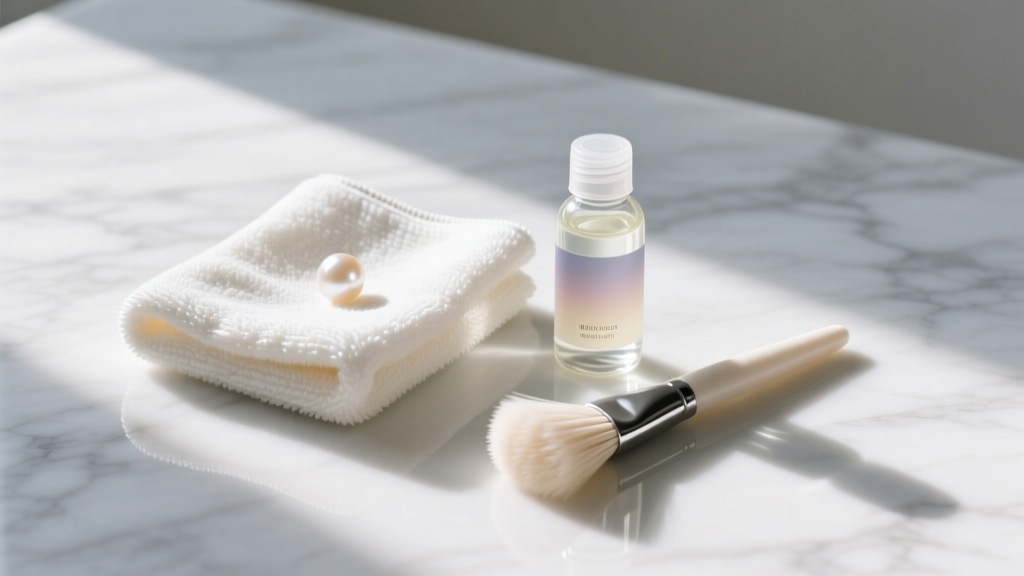 Pearl cleaning supplies including a microfiber cloth, mild soap, and soft brush arranged neatly on a bright white marble surface