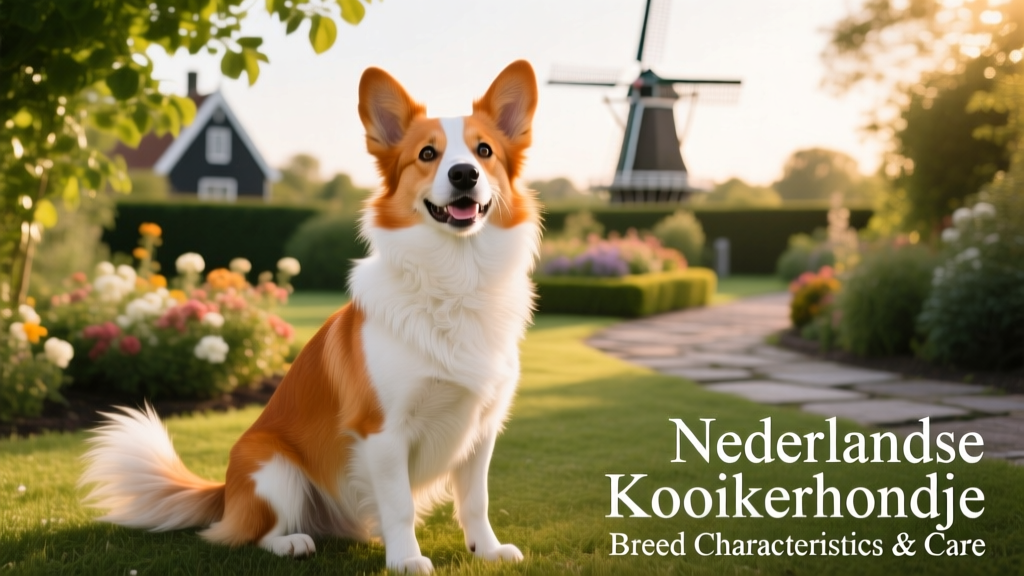A joyful, medium-sized Kooikerhondje with white-and-orange markings, sitting alertly in a sunlit garden