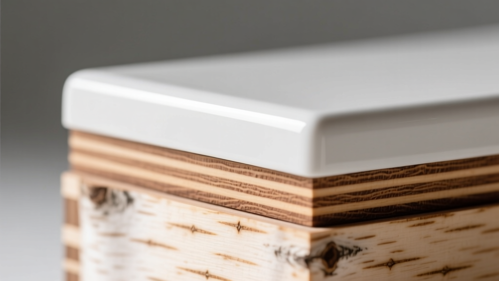 Close-up of birch plywood jewelry box edge showing wood veneer layers and white polyurethane topcoat under bright studio lighting
