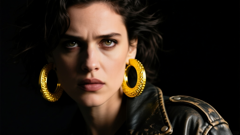 Moody portrait of a rock musician wearing large 40mm thick yellow gold hoop earrings under dramatic studio lighting