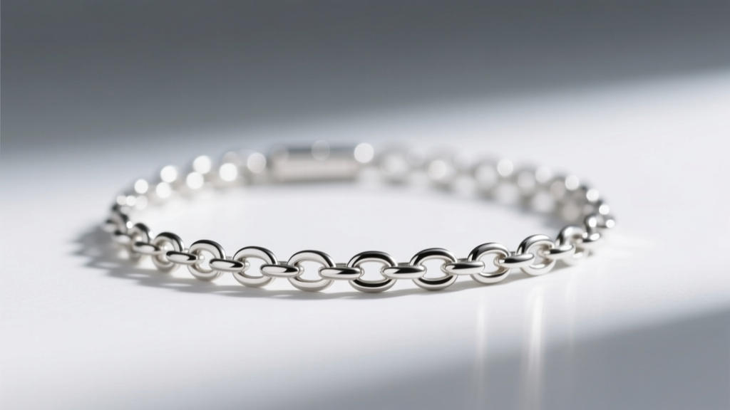 Profile of an Argentium silver dainty box chain, showcasing high-polish finish and anti-tarnish traits in bright natural sunlight