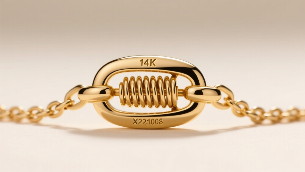 Close-up of a 14k gold lobster clasp on an 18-inch necklace, showing the internal spring mechanism and stamped metal hallmarks