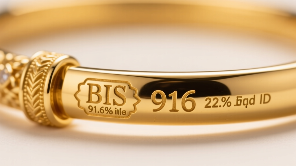 Macro shot of a BIS hallmark stamped on a 22k gold Indian bangle clasp, clearly showing the 916 purity grade and jeweler ID mark