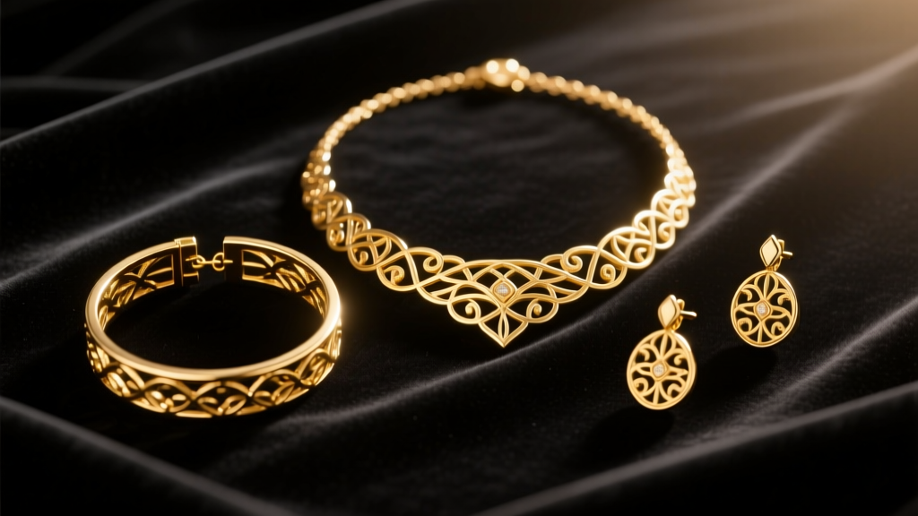 Matching 14k gold necklace, bracelet, and earring set on dark velvet, lit by soft warm studio lighting to show metal textures.