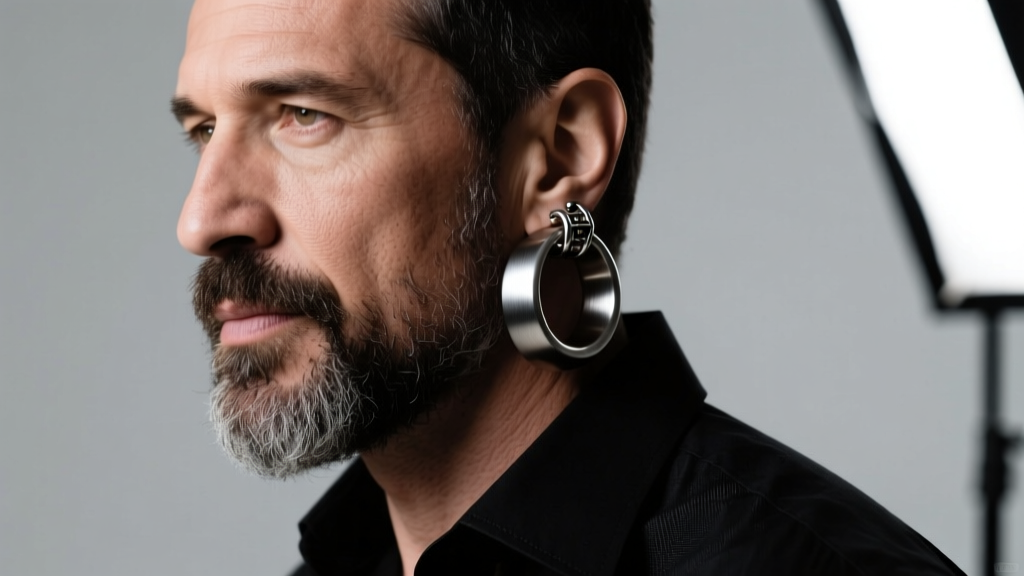 Bearded man wearing large 14-gauge brushed titanium hoop earrings, studio lighting highlighting the thick metal texture and clasp