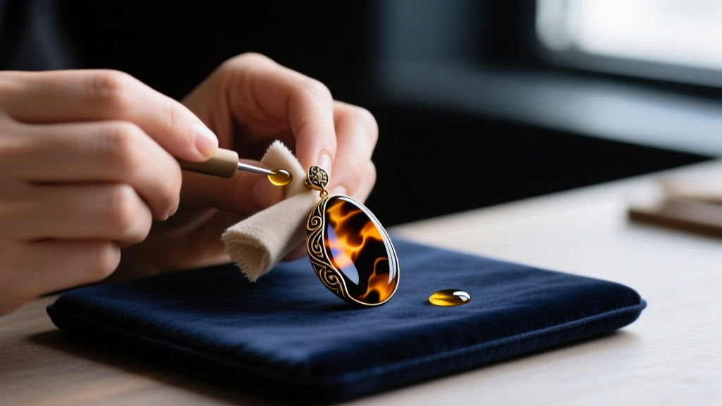 Jeweler gently polishing a vintage tortoiseshell earring with a microfiber cloth and mineral oil on a dark velvet workbench pad.