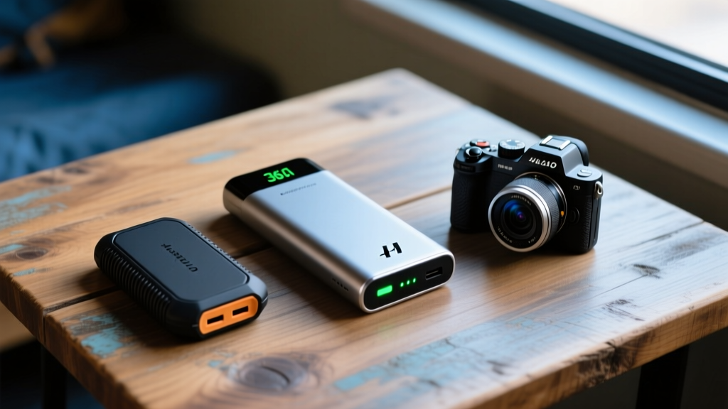Flat lay of travel tech gear including high-capacity power bank, rugged portable SSD, and 360-degree camera on a wooden hostel table