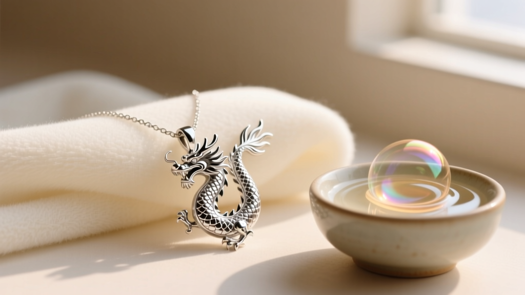 Silver dragon pendant necklace with intricate scales resting on a microfiber cloth next to a small bowl of warm soap