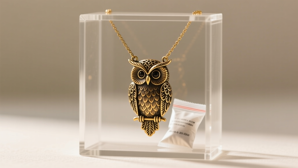 Vintage owl necklace stored in an airtight acrylic box with anti-tarnish strips and silica gel packets under soft lighting.
