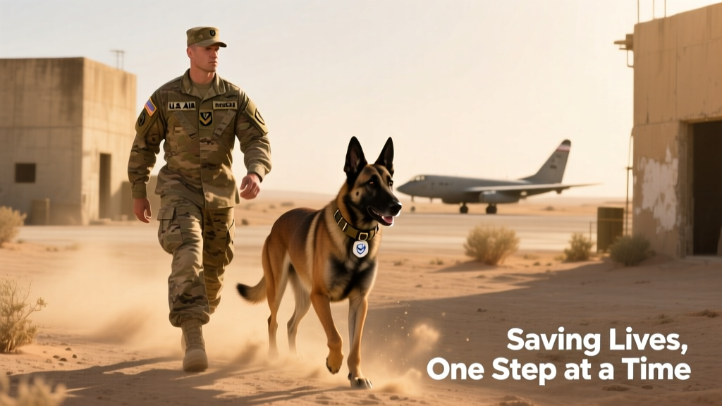 U.S. Air Force handler walking alongside his Belgian Malinois partner across a dusty base in Iraq
