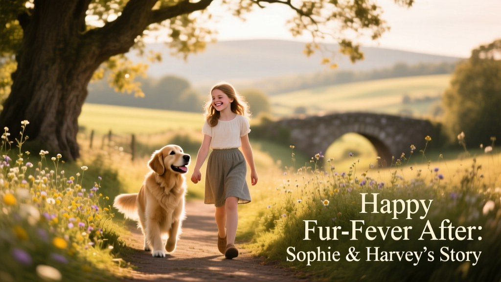 Ella walking Murphy along a leafy country path, both looking relaxed and joyful