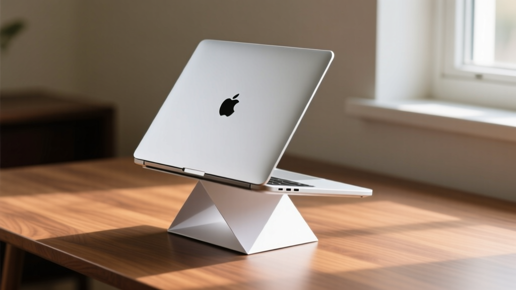 A silver MacBook elevated on the geometric Moft origami stand, showcasing the 60-degree viewing angle on a wooden desk.