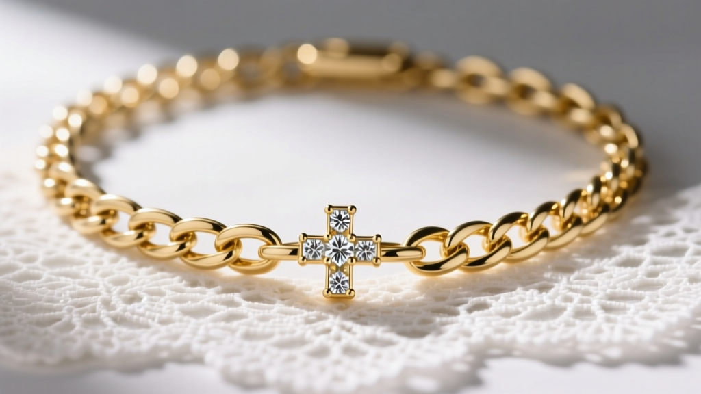 Close-up of a delicate 14-inch 14k solid gold box chain with a small diamond-cut cross pendant resting on white lace fabric.