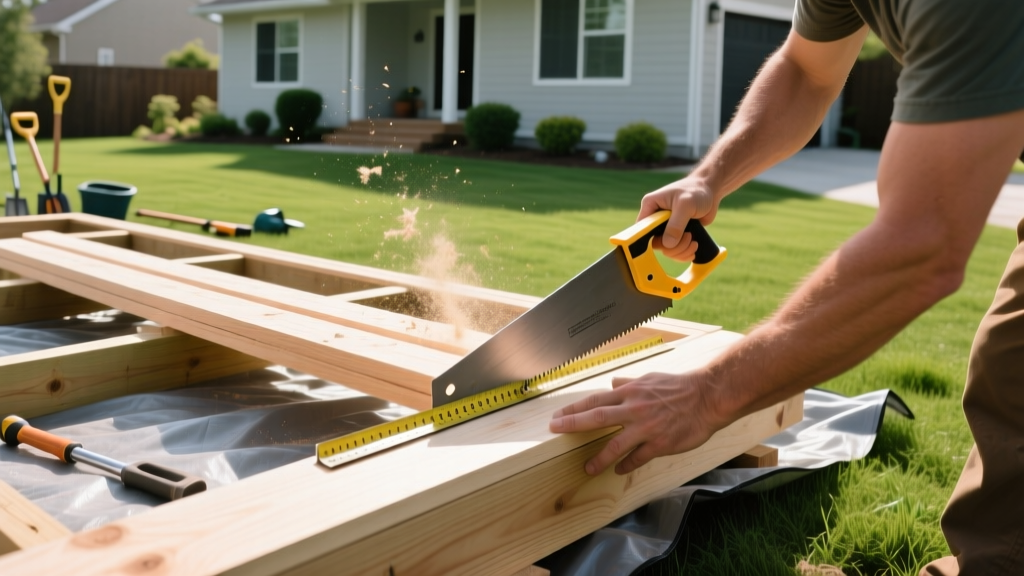 Overhead view of a homeowner measuring and cutting pressure-treated lumber for a 12x16 deck frame on a grassy suburban backyard