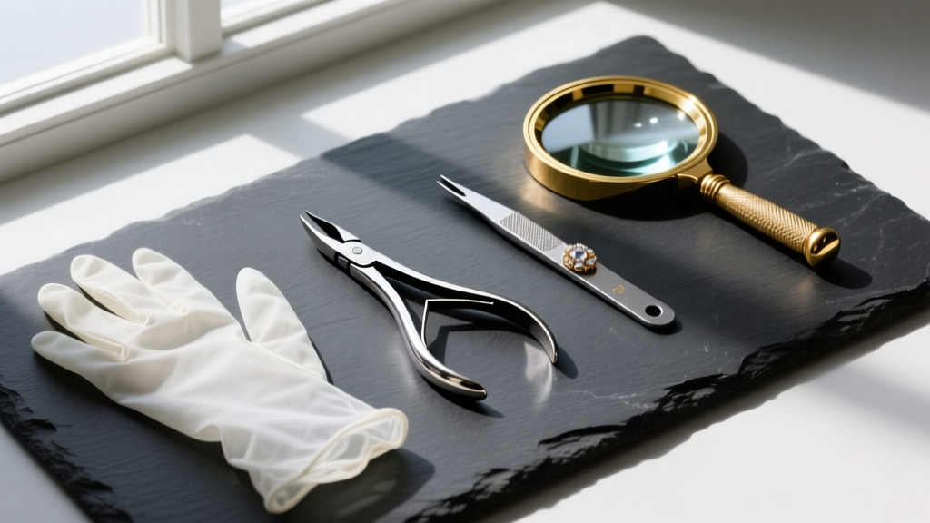 Flat lay of jewelry removal tools including latex gloves, rubber-tipped hemostats, and a magnifying mirror on dark slate.