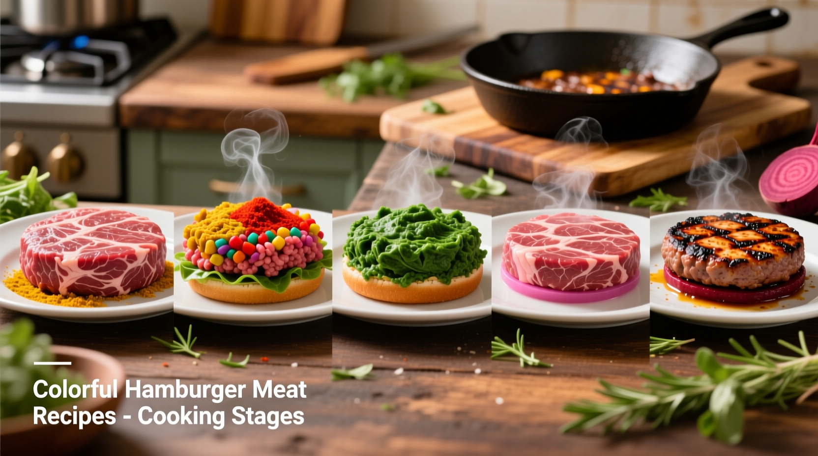Colorful hamburger meat recipes in various cooking stages