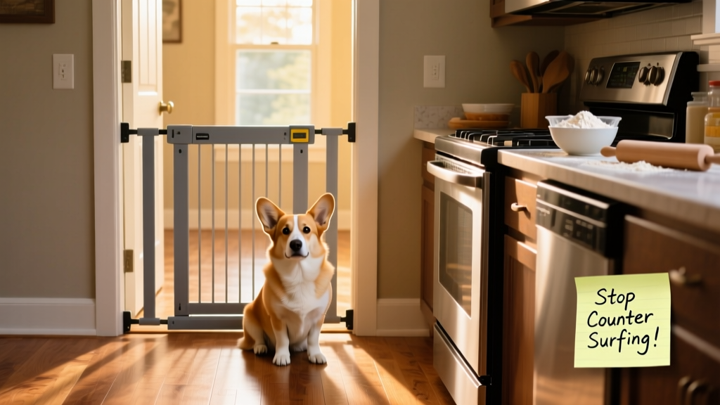A sturdy baby gate installed across a kitchen doorway, with a dog sitting calmly on the other side