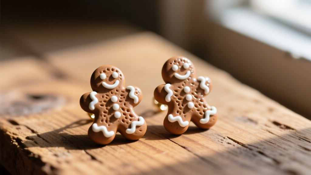 Macro shot of textured polymer clay gingerbread earrings with white resin icing details, resting on a warm rustic wooden surface.
