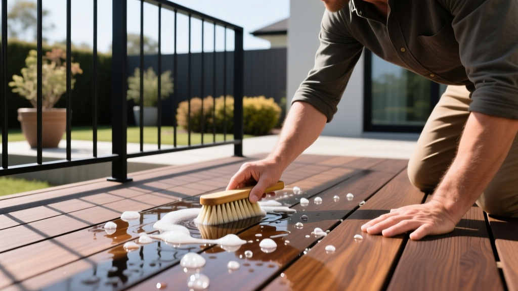 Homeowner using a soft-bristle brush and soapy water to clean a dark walnut composite deck surface surrounded by modern railing