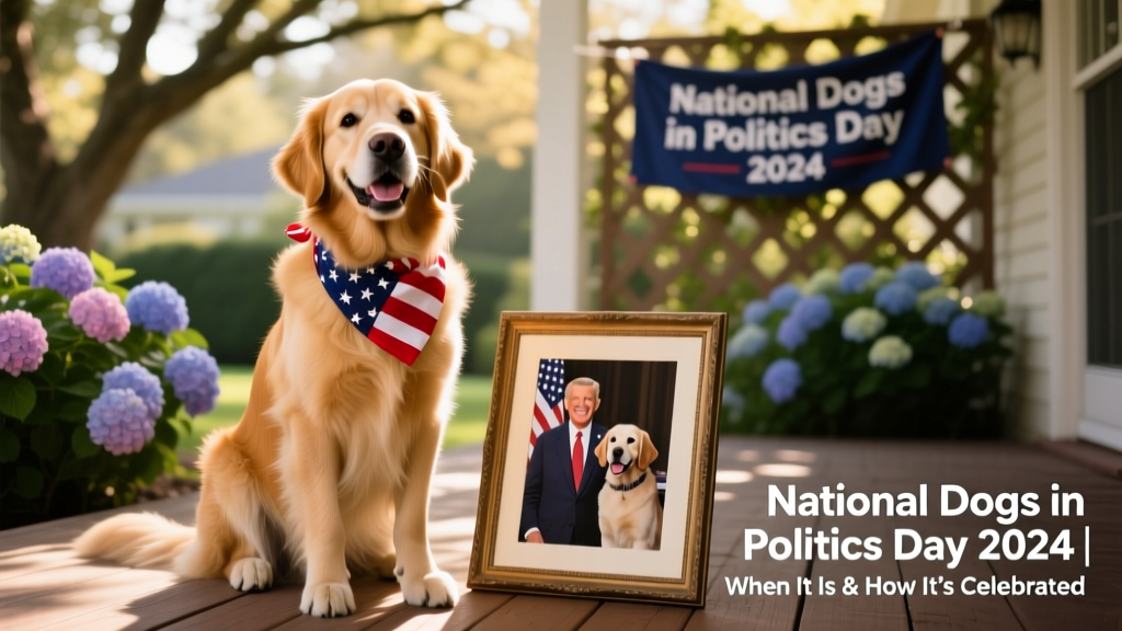 A joyful photo of a well-groomed dog wearing a miniature red-white-and-blue bandana, sitting beside a framed photo of a U.S. president and their dog