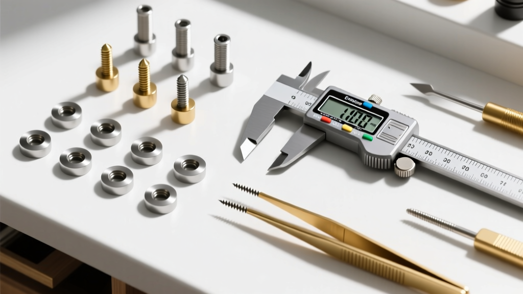 Overhead view of a workbench displaying 18-gauge titanium screw backs, friction posts, digital calipers, and brass tweezers.