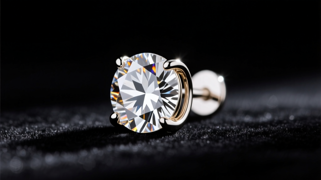 Macro shot of a large diamond stud earring in a white gold four-prong basket setting resting on dark velvet under bright lighting.